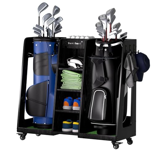 Golf Bag Organizer for 2-Bags Storage – Wooden Golf Bag Stand Rack with Wheels, Heavy Duty Space Saving Golf Club Holder, for Golfers, Husband, Father | Golf Bag Storage Rack, Golf Bag Holder, Heavy Duty, Space Saving, For Golfers, Husband, Father