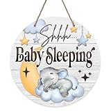 Shhh Baby Sleeping Front Door Sign, Elephant Moon Cloud Stars Wood Door Hanger Nursery Kids Bedroom Decor, Infant Toddler Baby Boy Girl Room Rustic Wooden Wreath Indoor Wall Hanging Decoration