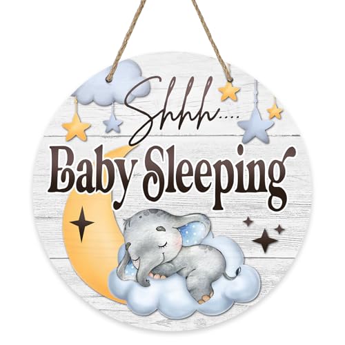 Image of Shhh Baby Sleeping Front Door Sign, Elephant Moon Cloud Stars Wood Door Hanger Nursery Kids Bedroom Decor, Infant Toddler Baby Boy Girl Room Rustic Wooden Wreath Indoor Wall Hanging Decoration