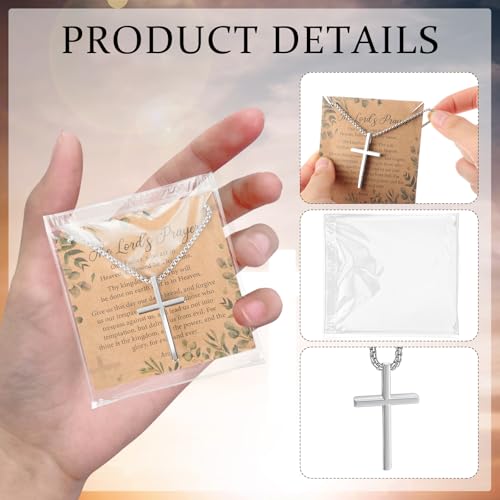 24 Set Cross Necklace Bulk Silver Stainless Steel Cross Pendant Chain Necklace With Lord's Prayer Cards Transparent Plastic Bag for Men Confirmation Christian Gifts3