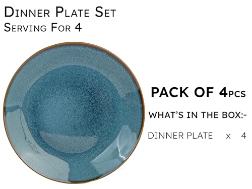 Image of Handcrafted Reactive Glaze Ceramic Dinner Plates, 4 Pieces Serving for 4, Microwave and Dishwasher Safe, Bone-ash Free, Full Plate Set Crockery for Dining and Gifting, Greenish Blue