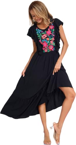 Image of Women's Summer Maxi Dress Casual Floral Embroidered Round Neck Short Sleeve Ruffle Tiered Dress Flowy Boho Beach Sundress