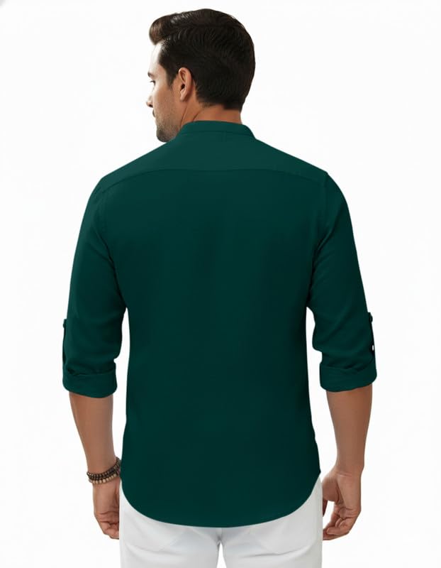 Image of Macsivo Men's Cotton Blend Solid Short Kurta with Regular Lenth Mandarin Neck Full Sleeves and roll-up tab| Kurta Style Shirt for Men