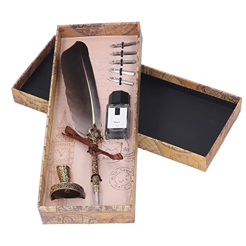 羽ペン 万年筆 羽毛ペン フェザー 羽根セット 羽飾り 署名 サイン 筆立て 書道 手帳 軽量 交換可能な先 ボックス付き プレゼント (グレー)