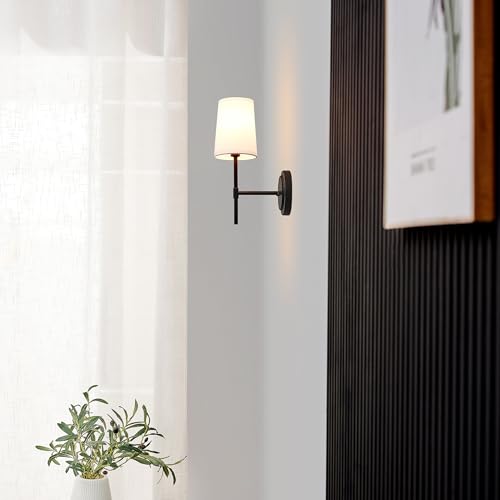 Image of Globe Electric 51859 1-Light Wall Sconce, Matte Black, White Fabric Shade, Wall Lighting, Wall Lamp Dimmable, Wall Lights for Bedroom, Kitchen Sconces Wall Lighting, Home Decor, Bulb Not Included