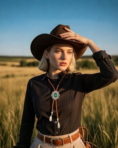 Image of PEARLY JUN Bolo Tie for Men Women Rhinestone Cowboy Brown Country Style Handmade Leather String Rodeo Festive Days Gifts