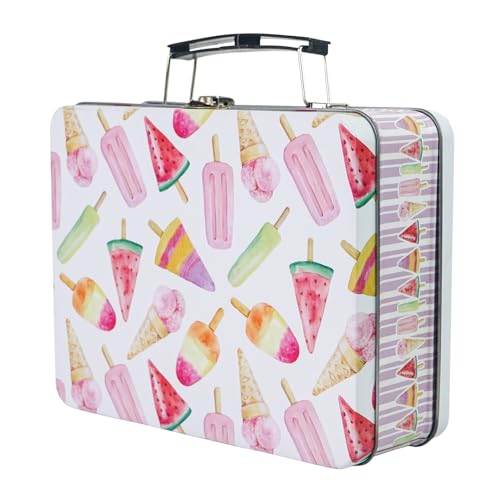 Luwint Tin Storage Box with Handle Small Metal Fun Box Cute Sturdy Tin Box Decorative Keepsake Case with Lid (Ice Cream)