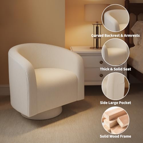 Garvee Swivel Accent Chair Upholstered Corduroy Barrel Chair with 360 Degree Swivel Engineered Wood Base Round Armchair for Living Room Bedroom Reading Room(Beige) - Image 4