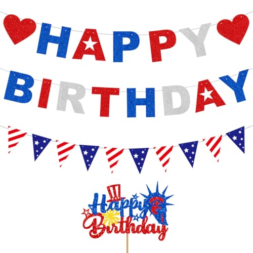 Image of 4th of July Happy Birthday Banner, Patriotic Birthday Party Decorations Pre-Assembly NO DIY Cake Banner Decorations Red Blue White Glitter Paper Letter Star Triangle Flag Garland