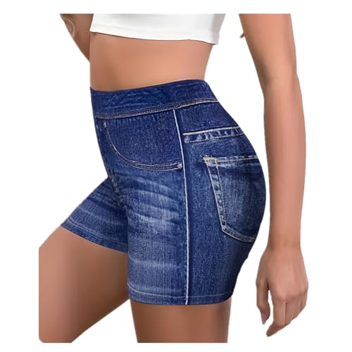 Gellmall Leggings cortos para mujer, aspecto vaquero, cintura alta, elásticos, pantalones cortos ajustados, pantalones de yoga, pantalones de fitness, S-2XL, azul, S