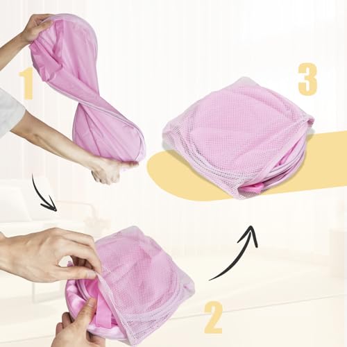 Image of Polyester Strong Mesh Pop-up Laundry Hamper, Quality Pop Up Hampers for Laundry with Durable Handles Solid Bottom High Carbon Steel Frame, Easy to Open and Fold Flat for Storage(Light Pink)