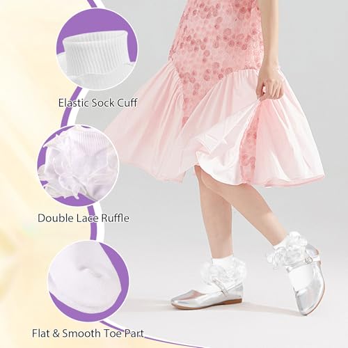 3 Pairs Girls Black Ruffle Socks - Turn Cuff Lace Big Double Ruffle Princess Dress Cotton Ankle Socks2