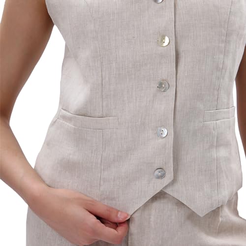 Amazhiyu Women's 100% Linen Sleeveless Button Down Crop Top Tie Back Waistcoat Vest4