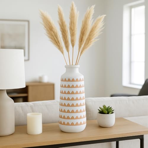 Ceramic Vase with Decorative Pattern for Living Room and Home Accents - Modern Flower Vase for Room, Bedroom or Office Decor - Ideal for House and Table Decor Displays - 16", Ivory & Tan