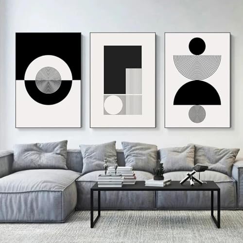 Toile art moderne abstrait noir et blanc tryptique encadré 40x65 cm pour salon