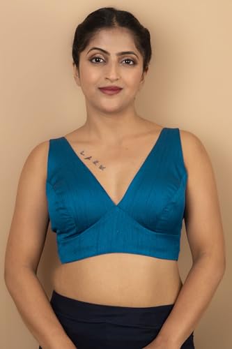 Image of FIGURE'S DESIGNER Women's Dupion Raw Silk Sleeveless V Neck Sabyasachi Cut Readymade Saree Blouse Padded Stitched S4