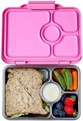 Yumbox Prêt Stainless Steel Bento Box, 3 Compartments, Pink | Secure Silicone Seal | Sandwich-Friendly Layout 