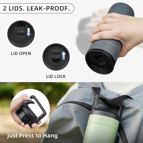 Image of BJPKPK 20 oz Insulated Travel Water Bottle, Coffee Tumbler Stainless Steel | Double Wall Vacuum, Leakproof, Thermal, Keeps Hot /Cold, BPA Free, Dishwasher Safe, Spill Proof, Wide Mouth, 2 Lids, Grey