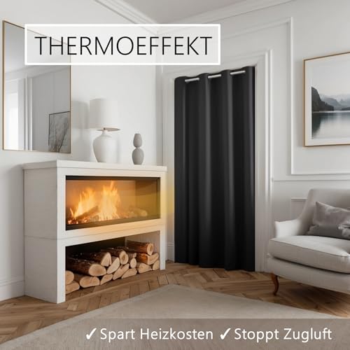 tinycurtains, Thermo Türvorhang mit Teleskopstange, einfache Montage in nur 1 Minute ohne Bohren (Türgardine schwarz H195 x B150 cm +… – Ansicht 3