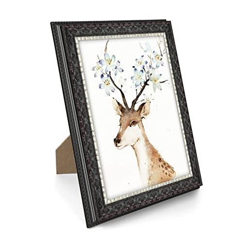 Image of Golden State Art, 8X10 Ornate Finish Photo Frame, Black with Silver & Burgundy Color, Real Glass