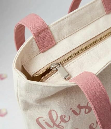 Image of Canvas Tote Bag with Zipper for Women| Inside Pocket | Cotton College Shoulder Bag | Stylish Travel Sling & Handbag for Daily Use | Cotton Canvas Fabric