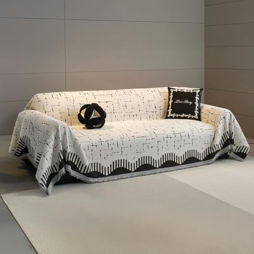 Image of The Furnishing Tree 3 Seater Reversible Chenille Sofa Cover, Double-Sided Luxury Throw, Anti-Slip Couch Cover, Soft & Comfortable Sofa Towel for All Seasons, Minimalist Geometric Fringe