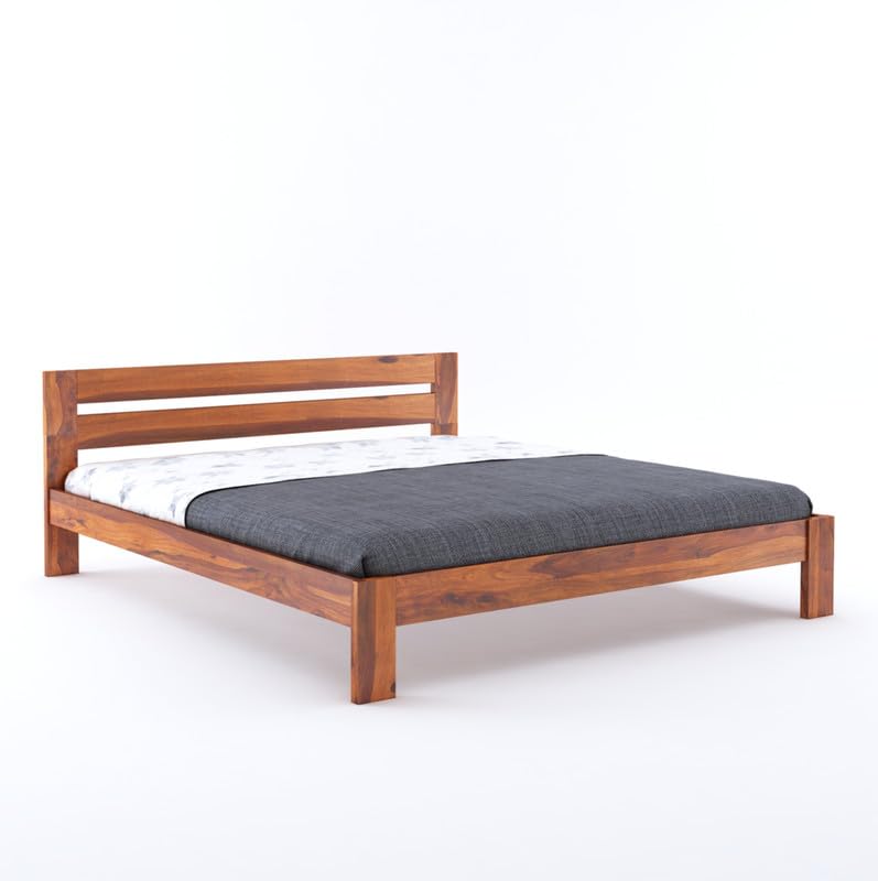 Image of Solid Sheesham Wood King Size Bed Without Storage | Wooden Double Bed Cot Bed for Bedroom Furniture | Palang Double Bed for Hotels | Honey Finish