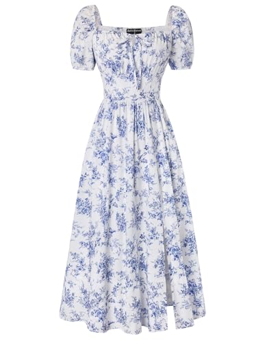Image of Scarlet Darkness Summer Spring Split Floral Corset Midi Dress with Pockets | Floral dress with elastic sleeves, tie square neck, smocked back, 3 boned waist, left zip, side pockets, front thigh slit