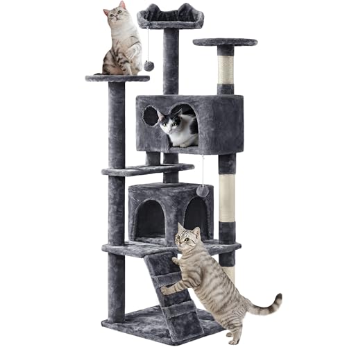 Yaheetech 62in Cat Tree Cat Tower for Indoor Kitty, Pet Furniture w/Double Condo, Scratching Posts, Multiple Platforms and Balls for Kittens, Dark Gray