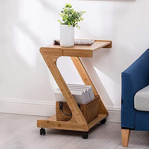 Z-Shaped Mobile Wooden Side Table with Wheels, Compact Tea Table, Easy Assembly Mini Nesting Table for Living Room, Bedroom, 59cm x 47cm x 39cm, Stylish Wood Finish