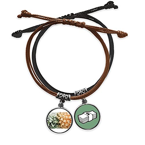 Pulsera de cuero con foto de piña y cuerda trenzada para amuleto de dinero