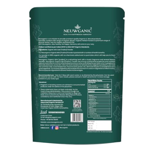 Image of Organic Mint Leaf Powder - Pudina Powder - India Organic and Usda Certified - Ideal for Cooking, Seasoning & Cosmetics Use - 200 Gm Pack of 1