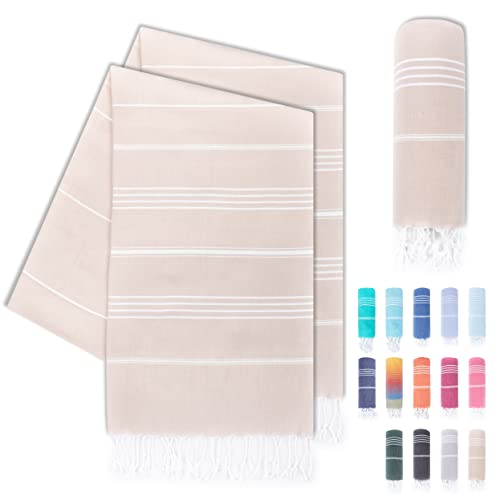 LAYNENBURG Set de 2 Serviettes de Plage Fouta Hammam - 100% Coton - 100x200 cm - Oeko-TEX 100 - Peshtemal Grande - Pour Sauna & Bain Avec Franges (Beige)