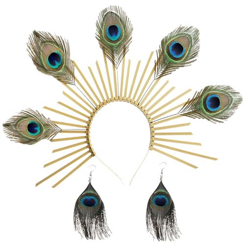 TCOMVEZ Peacock Feather Gold Halo Crown Sun Headband with Earrings Halloween Cosplay Festival Bridal Wedding Maternity Photoshoot Goddess Headpiece