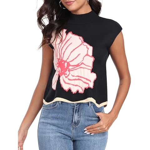 T1FE 1SFE Women Sleeveless Sweater Knit Mock Neck Cap Sleeve Striped Sweater Vest for Women Casual Cropped Pullover Tank Flower L Cover