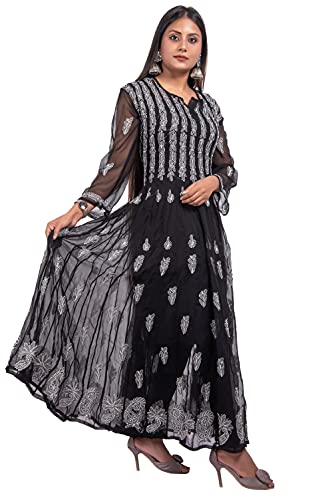 Image of FAWOMENT Women's Designer 56 Kali Kurta with Fine Lucknowi Hand Embroidered Chikankari