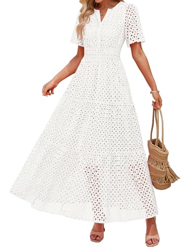 Image of ZESICA Women's 2026 Summer Short Sleeve Maxi Dress Casual V Neck Hollow Out Eyelet Ruffle Swing A Line Long Dresses