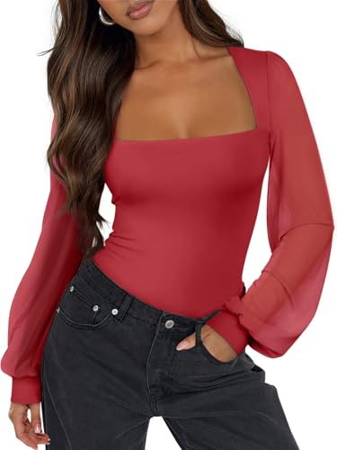 Image of PINKMSTYLE Women's Square Neck Double Lined Mesh Long Sleeve Bodysuits | Sheer Puff Sleeve Body Suit,Slim fit Trendy Going Out Tops,Concert Outfit