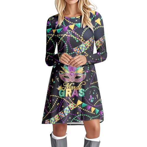 Vestido de verano para mujer, elegante, fluido, estampado con cuello redondo, manga larga, informal, cómodo, túnica, blusa para uso diario, Negro , S