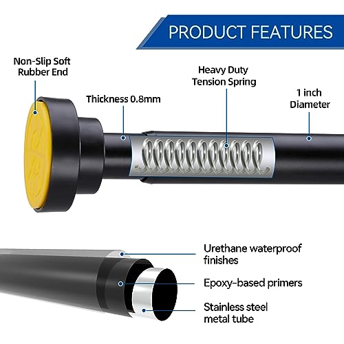 Thestoa Shower Curtain Rod Adjustable 43-78 inch, 1\"Diameter Spring Tension Curtain Rod No Drill, Anti-Rust Non-Slip Shower Rod, Black Shower Curtain Rod for Bathroom Tension