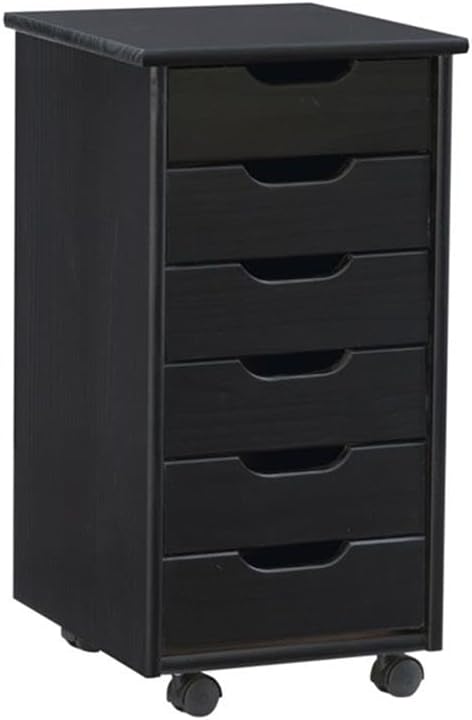 Pemberly Row Mid Century Six Drawer Wood Dressers Storage Cabinet Rolling Mobile Storage Cart with Wheels Room Organizer Furniture for Office, Home,Black 15.35" D x 13.39" W x 25.75" H