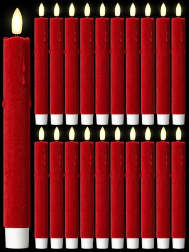Image of Treela 24 Pcs Flameless LED Taper Candles,Flocking,8 Inch,Red