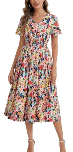 Image of Kormei Women Casual Boho V Neck 3 /4 Sleeve Smocked Waist A Line Flowy Swing Midi Dress Smocked Long Dress