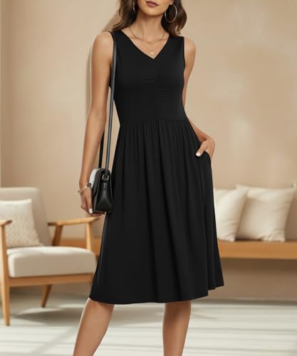 Image of NILOUFO Sleeveless Dress for Women Summer Knee Length Sundress with Pockets | Sundresses for Women Tank Empire Waist Sun Dress Cold Shoulder Casual V Neck Midi Dress Flowy Summer Dresses for Women
