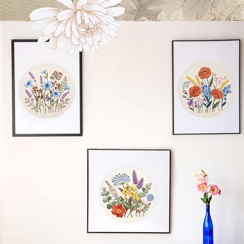 Image of Yinder 5 Set Starter Embroidery Kit for Beginners Boho Cross Stitch with Patterns Embroidery Hoops Instructions Floss Punch Needlepoint Kits DIY Crafts Adult Beginner Cross Stitch (Wildflowers)