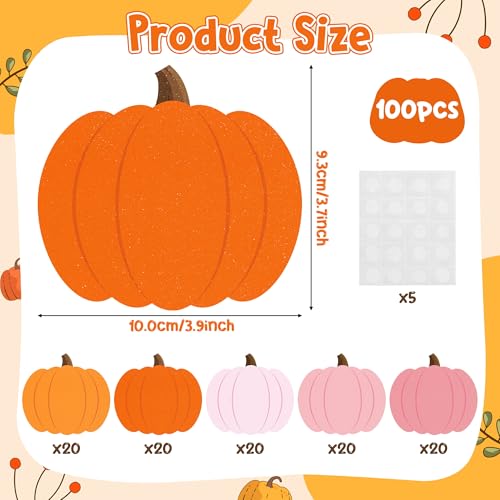 Image of Autumn Pumpkin Glitter Cutouts - 100Pcs Thanksgiving Pumpkin Shaped Cut-Outs Fall Paper Die Cut with Glue Points for Holiday Party Baby Shower Home School Classroom Bulletin Border Wall Decorations
