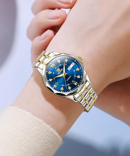 Image of OLEVS Womens Diamond Watches Automatic Mechanical Gold Luxury Dress Ladies Self Winding Original Stainless Steel Wrist Watch