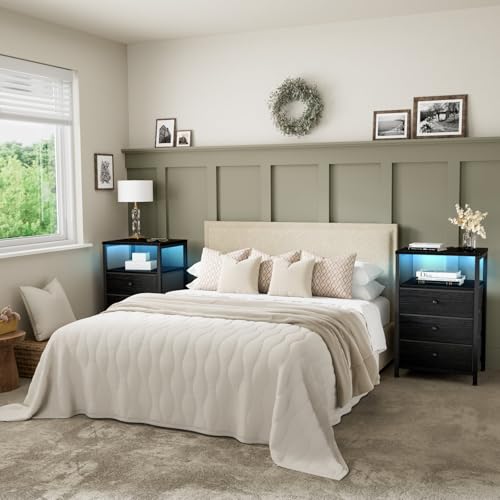 Image of BOLUO Black Night Stand with 3 Fabric Drawers, Nightstand with Charging Station LED Nightstand for Bedroom, Bedside Table with USB Ports and Outlets Modern