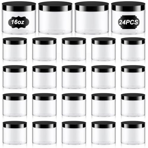 24 Pack 16 oz Clear PET Cosmetic Jars with Black Lids and Labels Wide Mouth