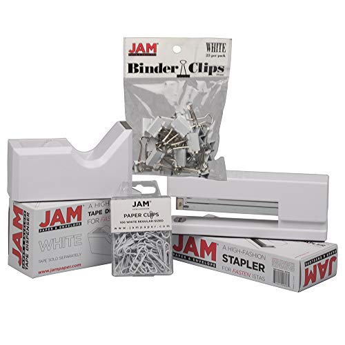 JAM PAPER Office Starter Kit - White - Stapler, Tape Dispenser, Paper Clips & Binder Clips - 4/Pack